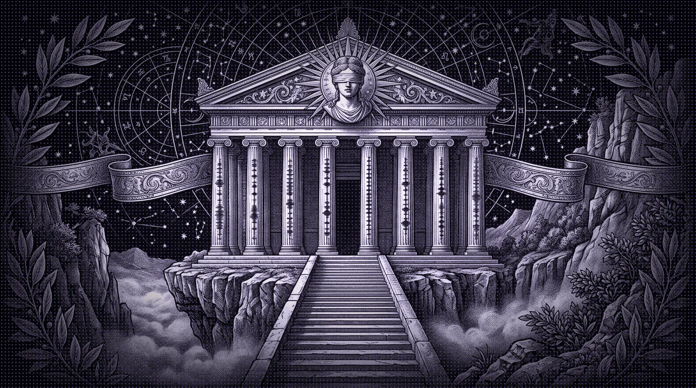 TEMPLVM APOLLONIS — a temple on a night cliff, its columns fluted with audio waveforms
